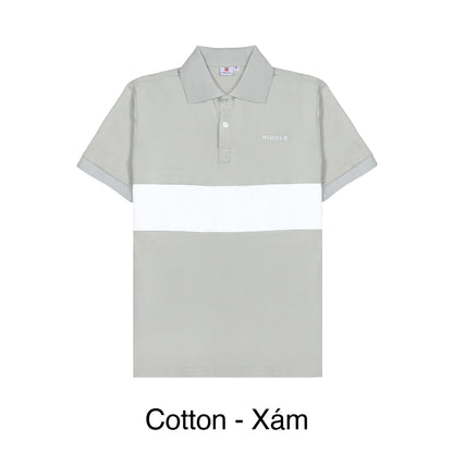 Two-tone gray and white polo shirt with a brand logo on a white background