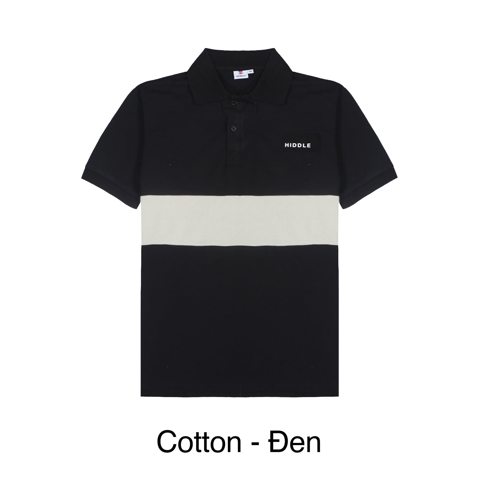 Black and white polo shirt with 'HIDDLE' branding on a white background