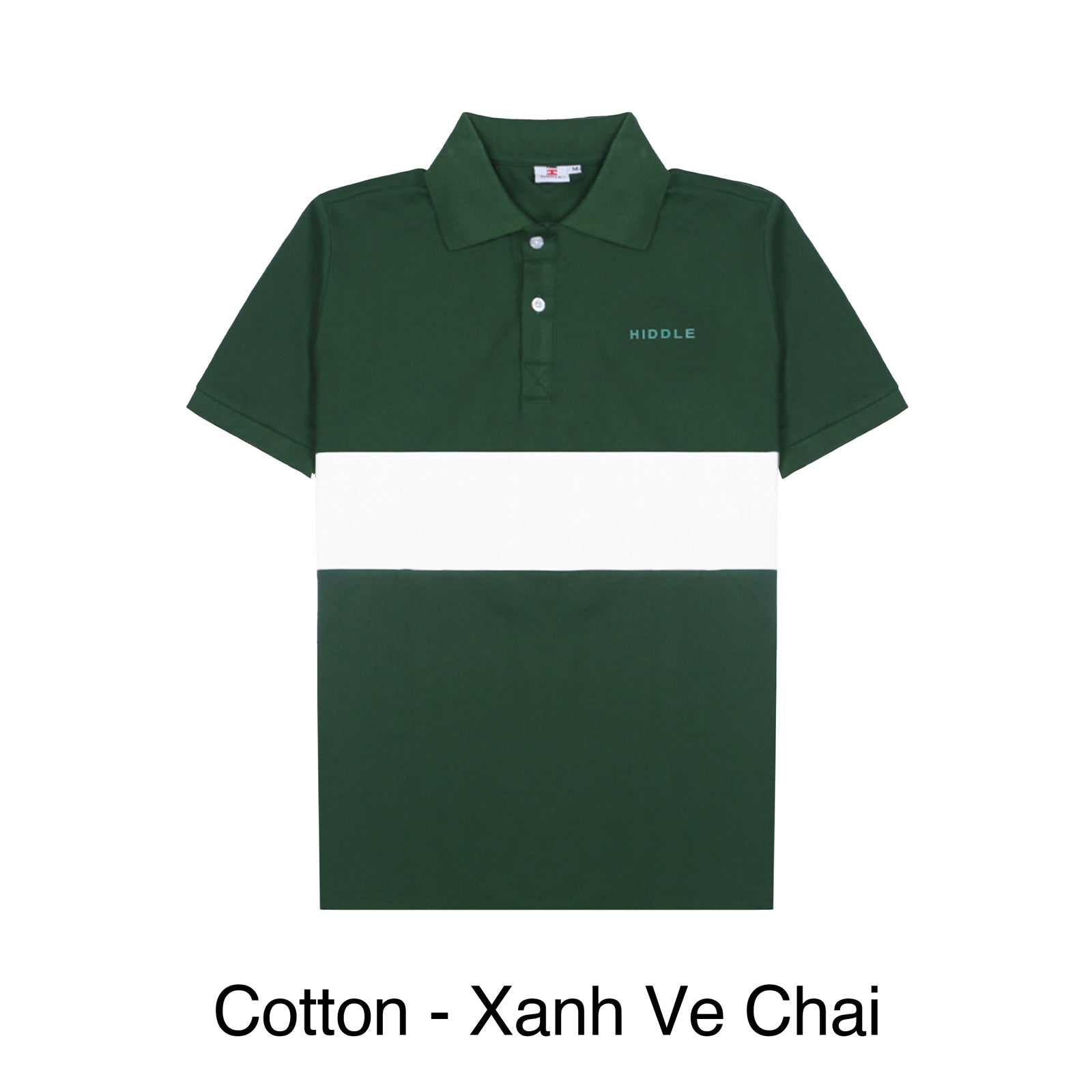 Green and white polo shirt with 'HIDDLE' branding on a white background