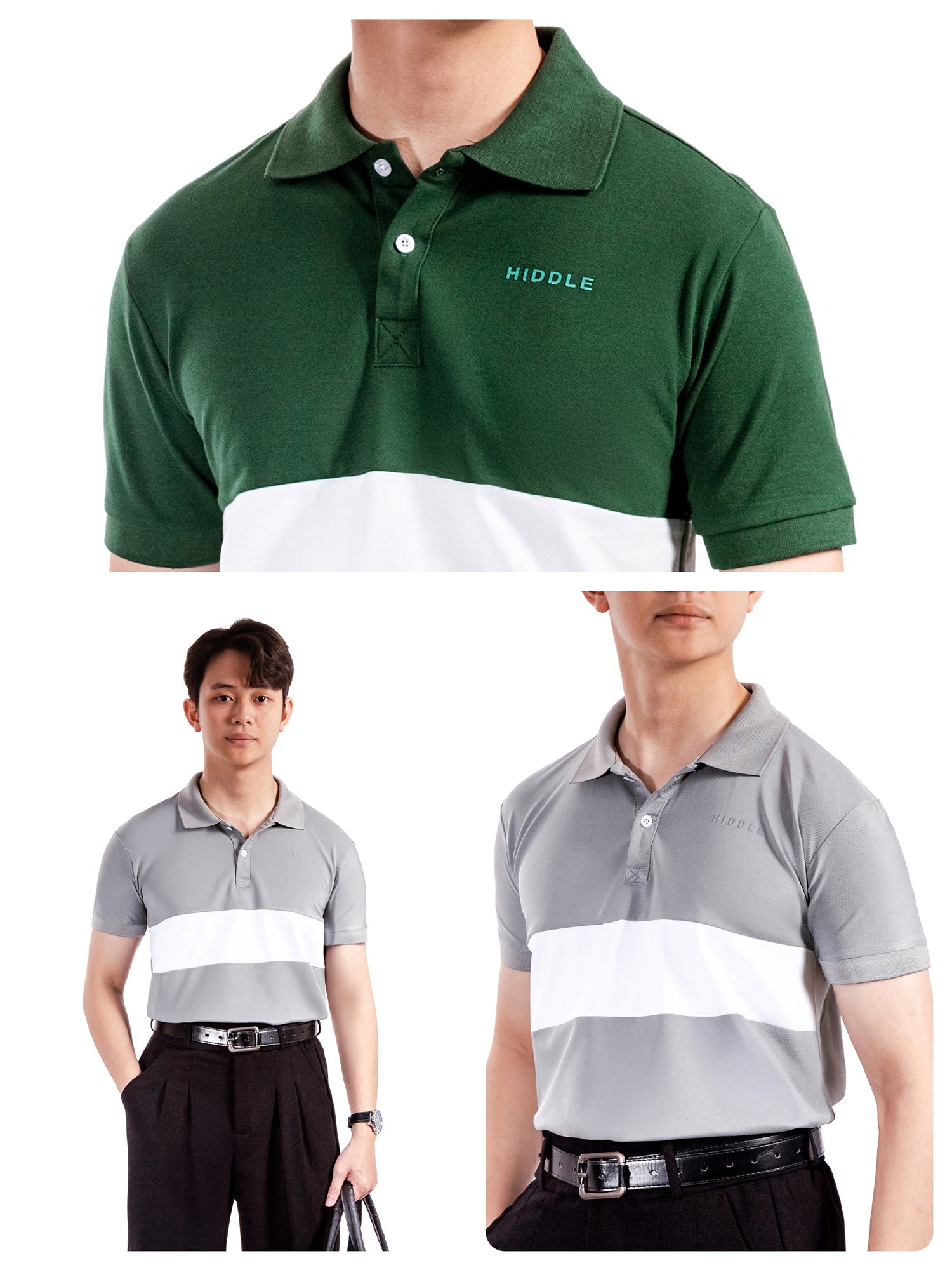 Two polo shirts with different color schemes and a person wearing one of them.