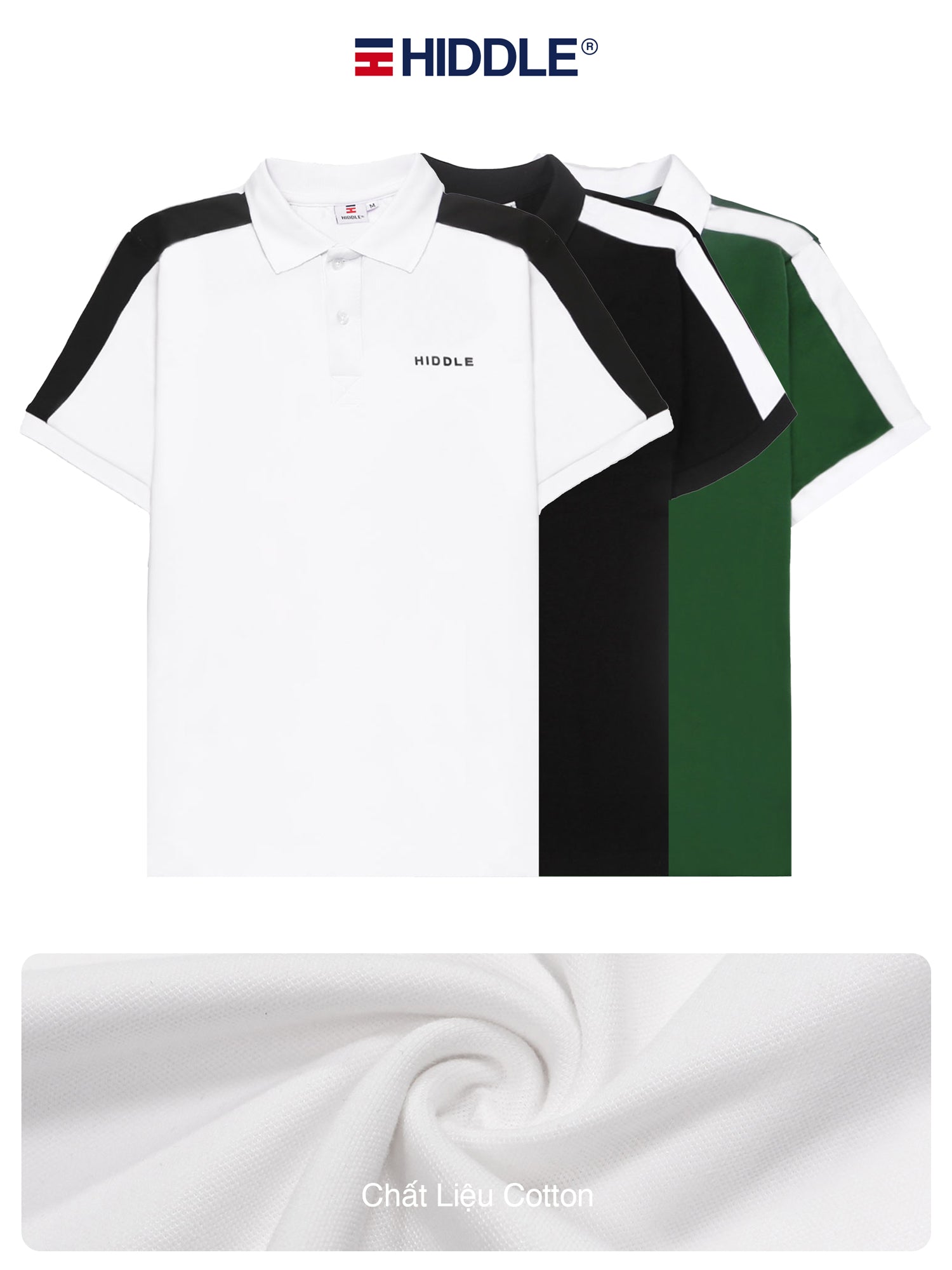 Three polo shirts in white, black, and green with Hiddle branding on a white background.