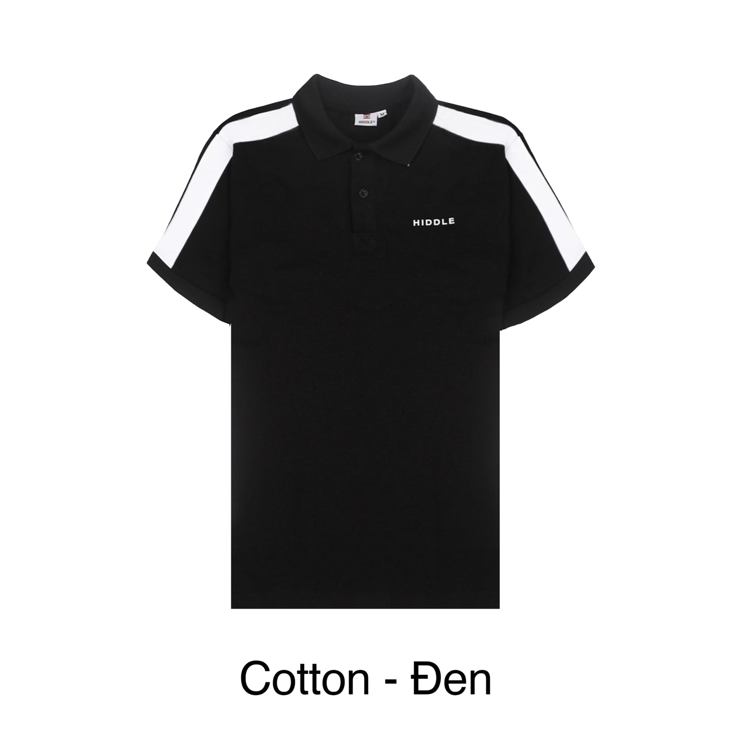 Black polo shirt with white stripes on sleeves and collar, featuring a brand logo, on a white background.