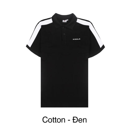 Black polo shirt with white stripes on sleeves and collar, featuring a brand logo, on a white background.