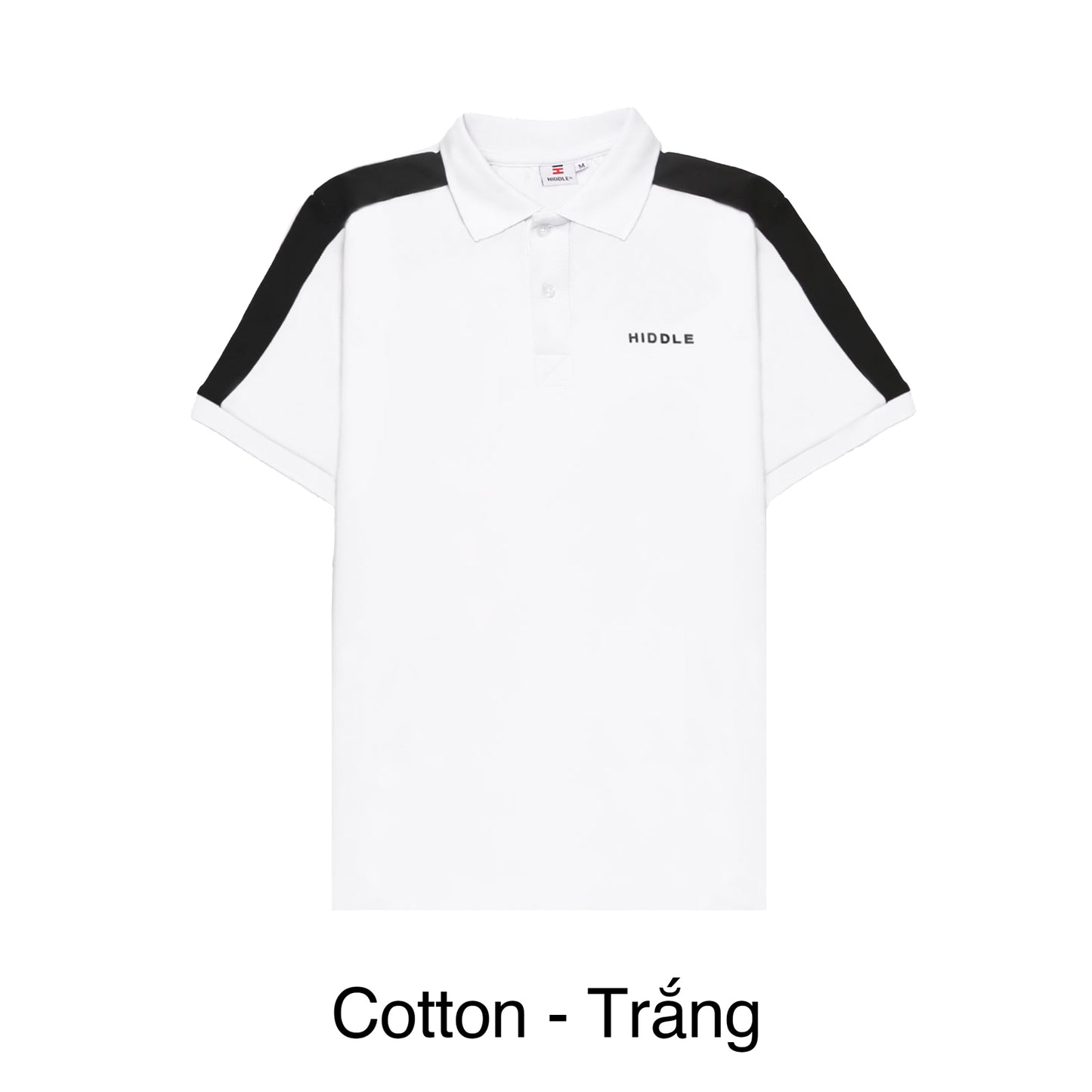 White polo shirt with black sleeves on a white background