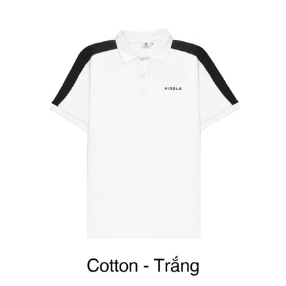 White polo shirt with black sleeves on a white background