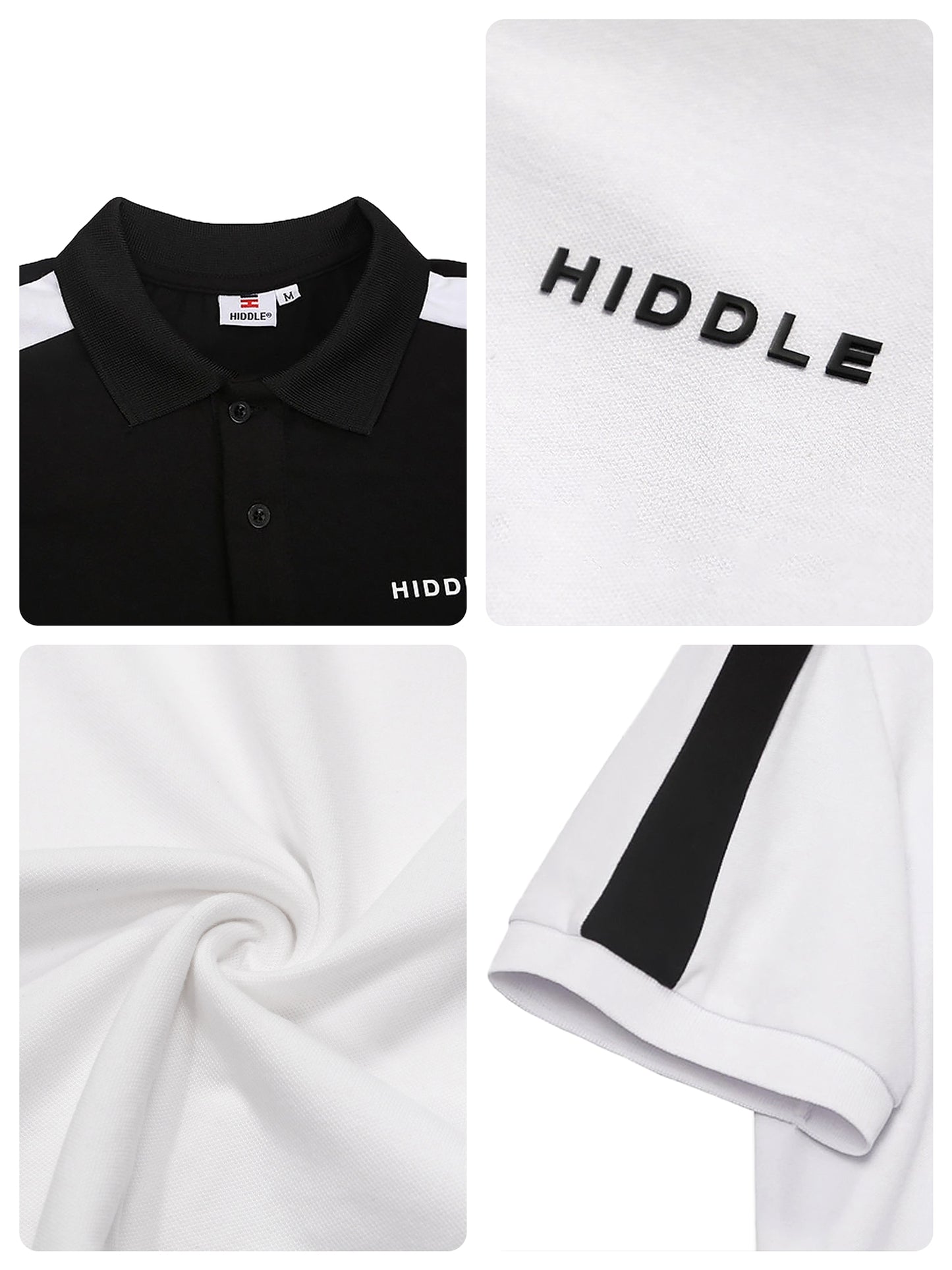 Black and white polo shirt with 'Hiddle' branding on a white background