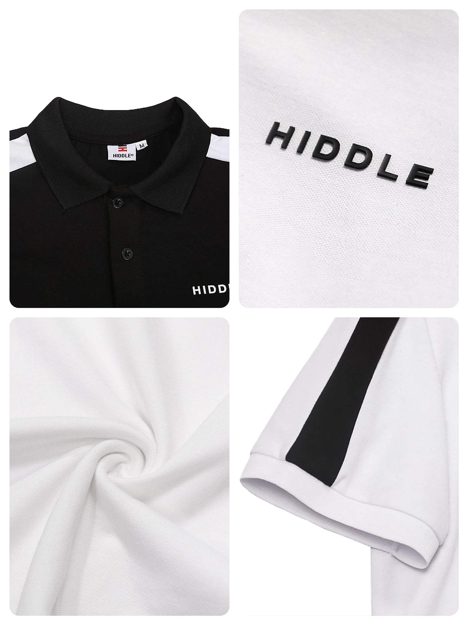Black and white polo shirt with 'Hiddle' branding on a white background