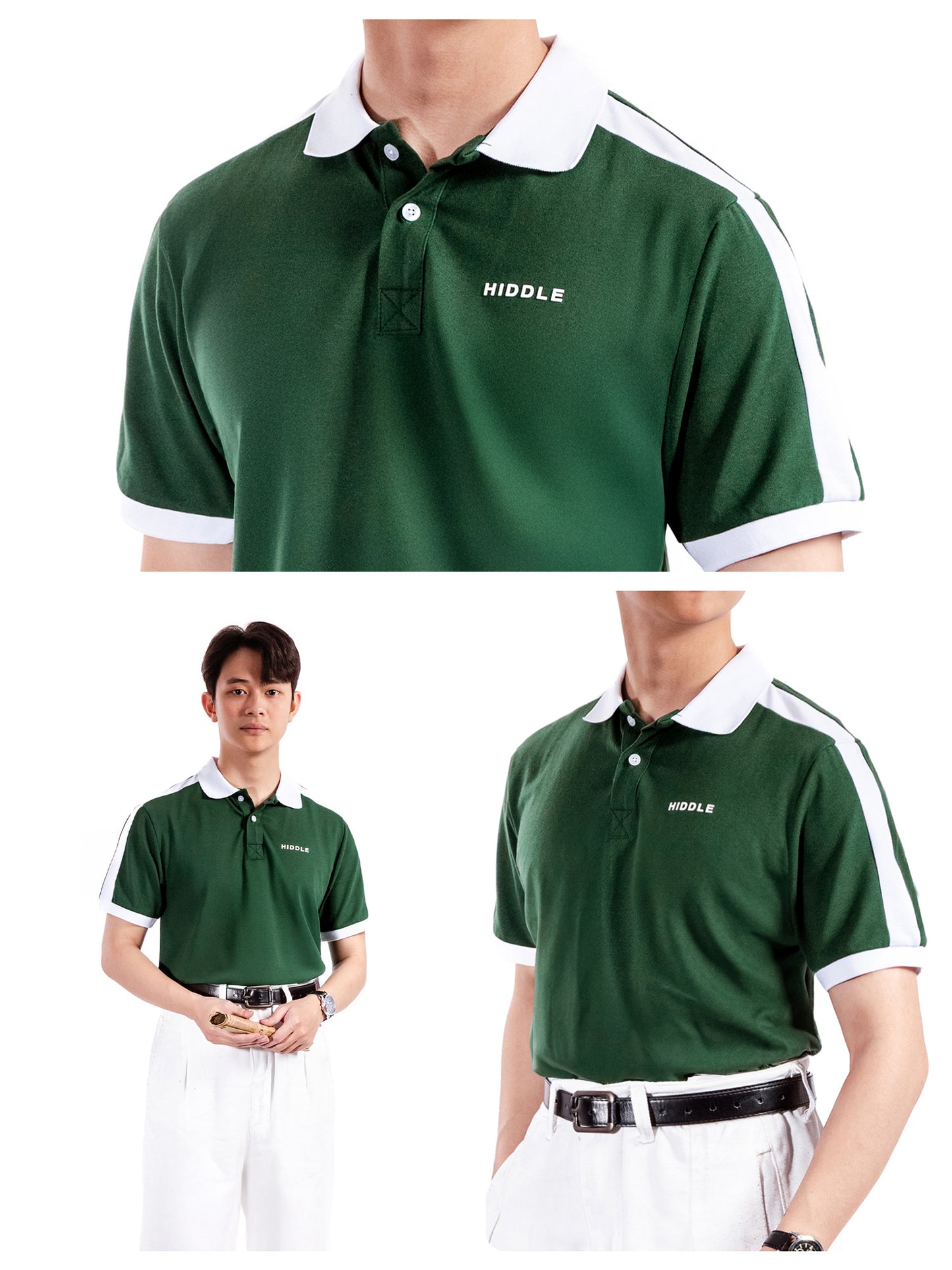 Green polo shirt with white accents worn by a person on a white background