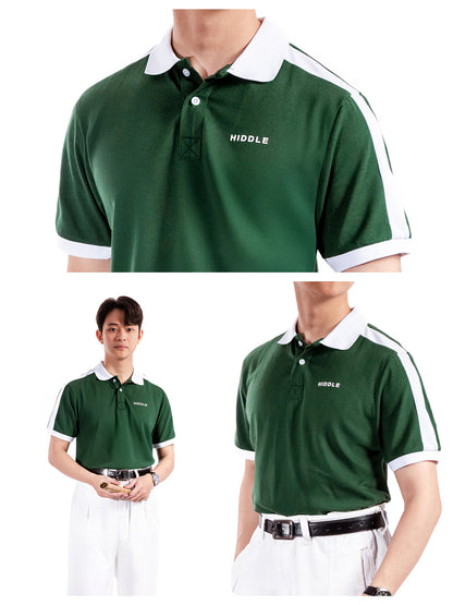 Green polo shirt with white accents worn by a person on a white background