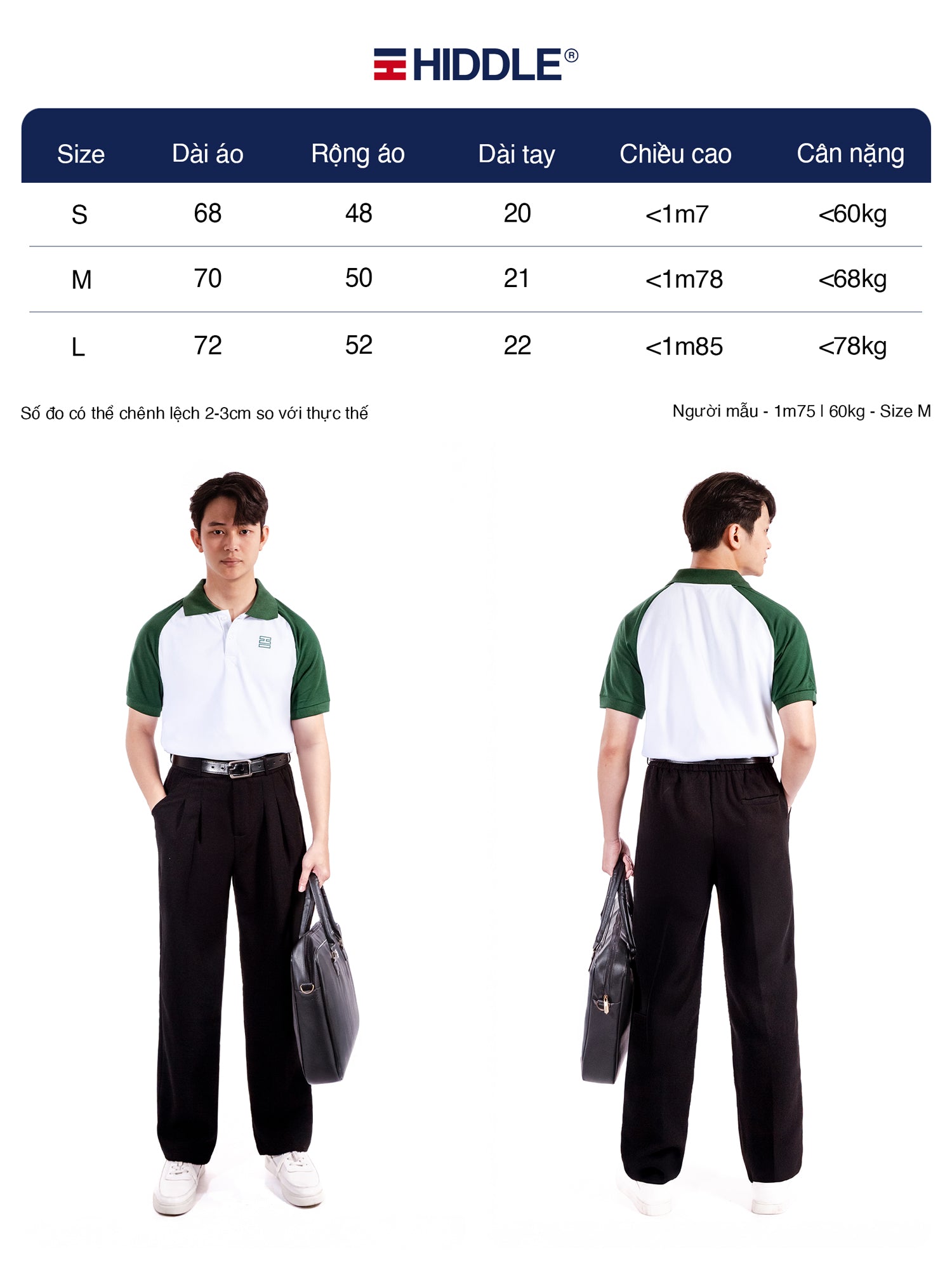 Hiddle uniform size chart with two models wearing the outfit.
