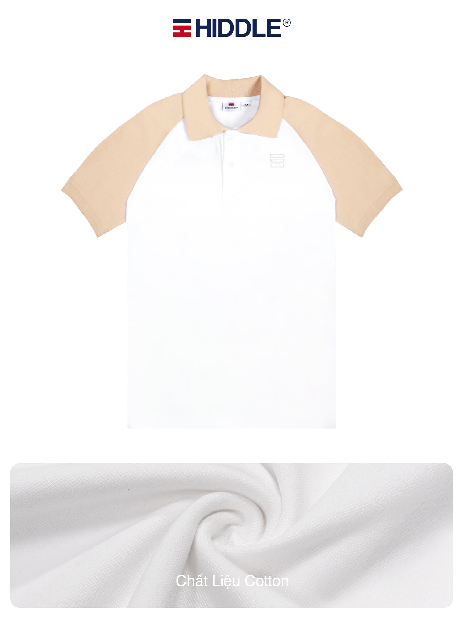 Beige and white polo shirt with Hiddle branding on a white background