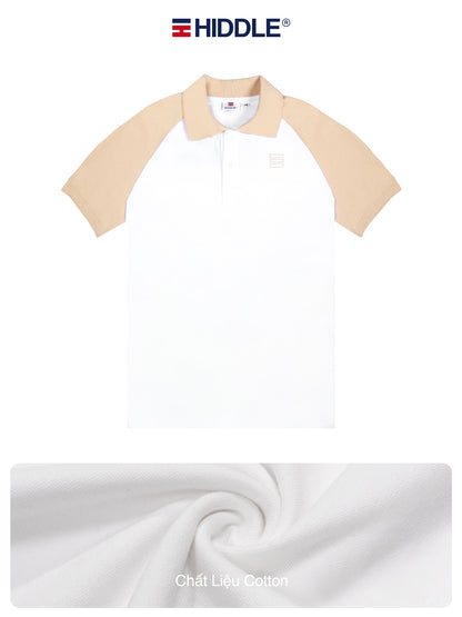 Beige and white polo shirt with Hiddle branding on a white background