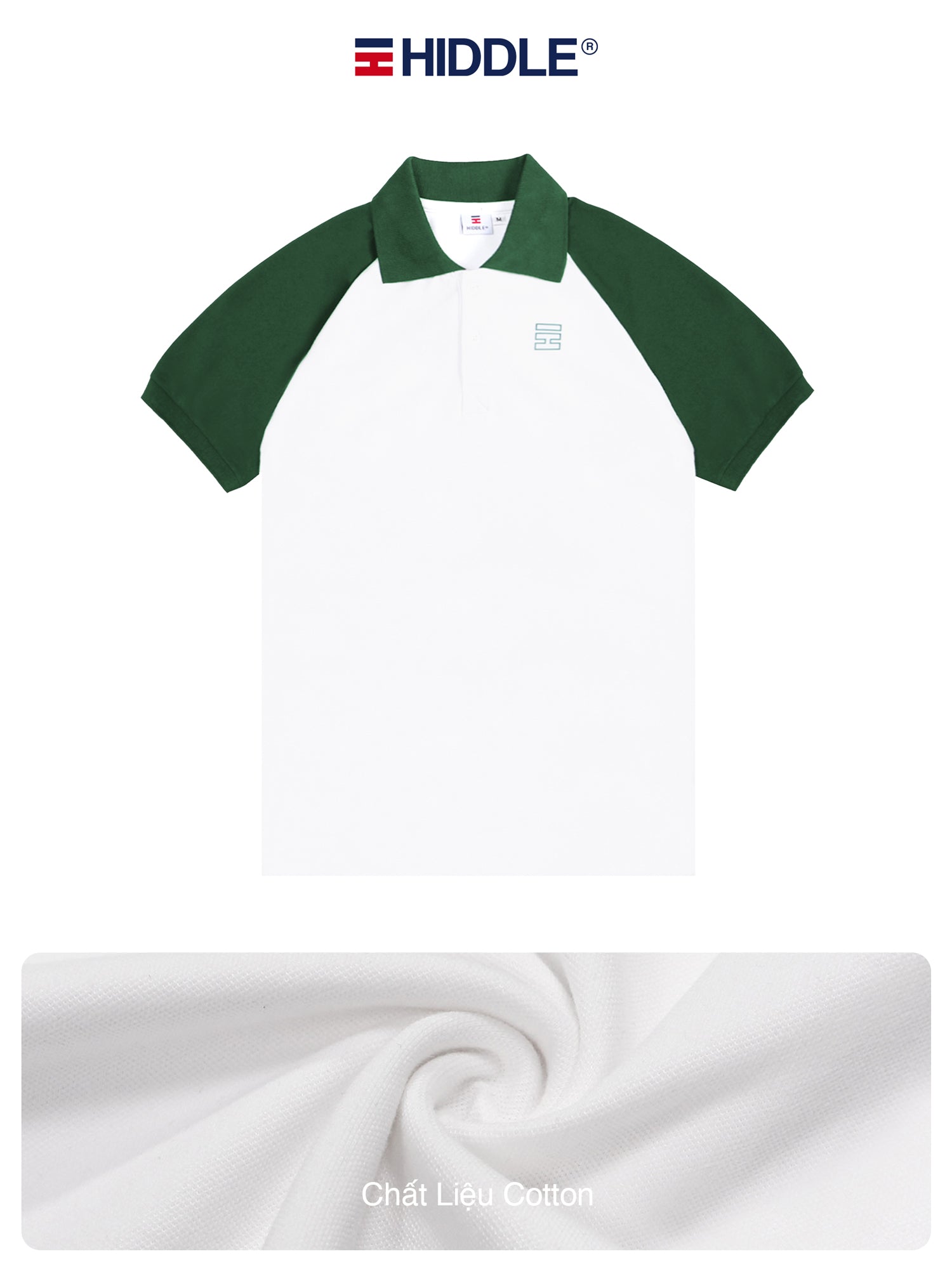 White polo shirt with green sleeves on a white background, featuring the Hiddle brand.