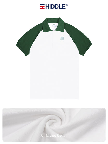 White polo shirt with green sleeves on a white background, featuring the Hiddle brand.