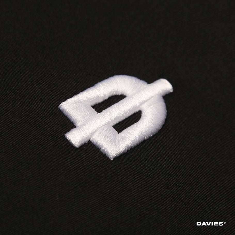 White embroidered logo on a black background with 'DAVIES' branding.