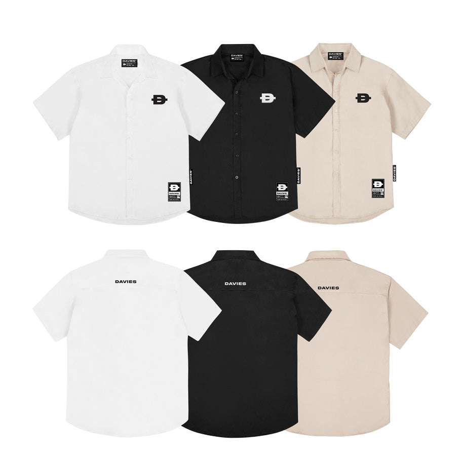 Three shirts in white, black, and beige with a brand logo on a white background