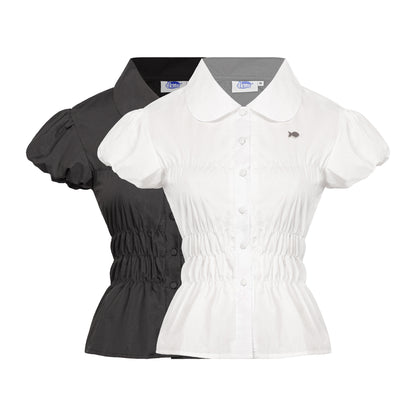 Black and white blouse with a collar on a white background