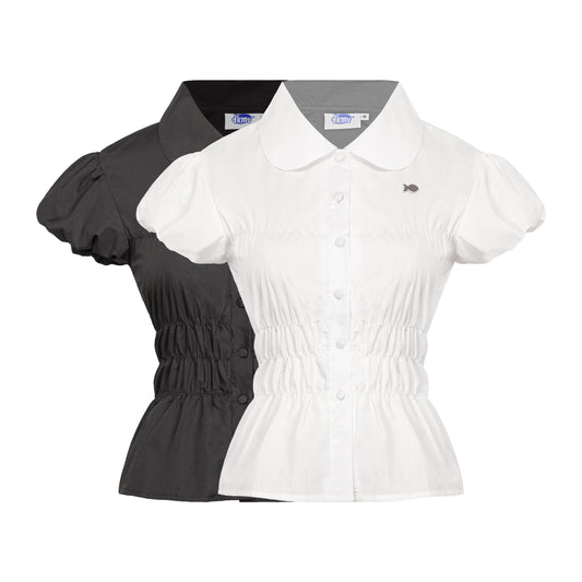 Black and white blouse with a collar on a white background