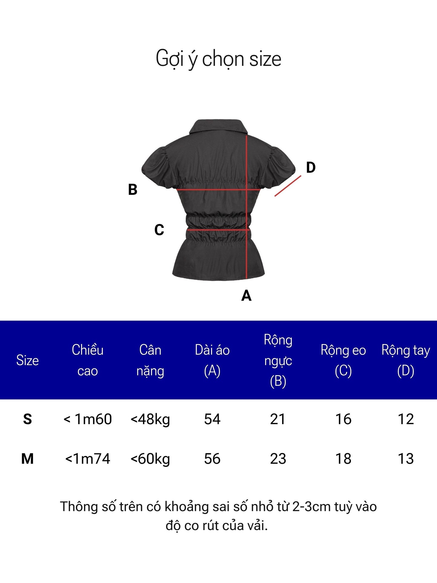 Size chart for a black blouse with measurements on a white background