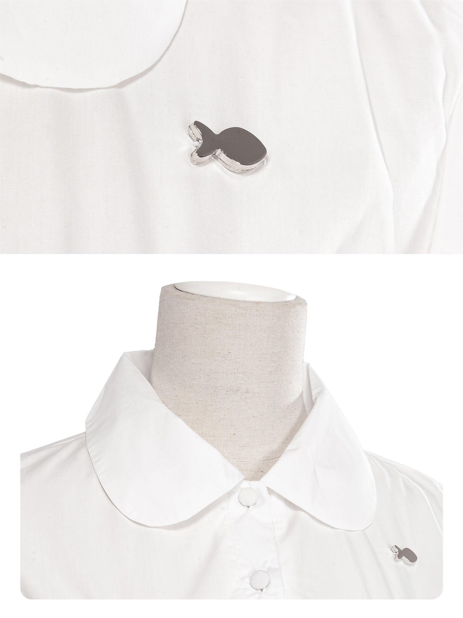 White polo shirt with a small logo on a mannequin against a white background