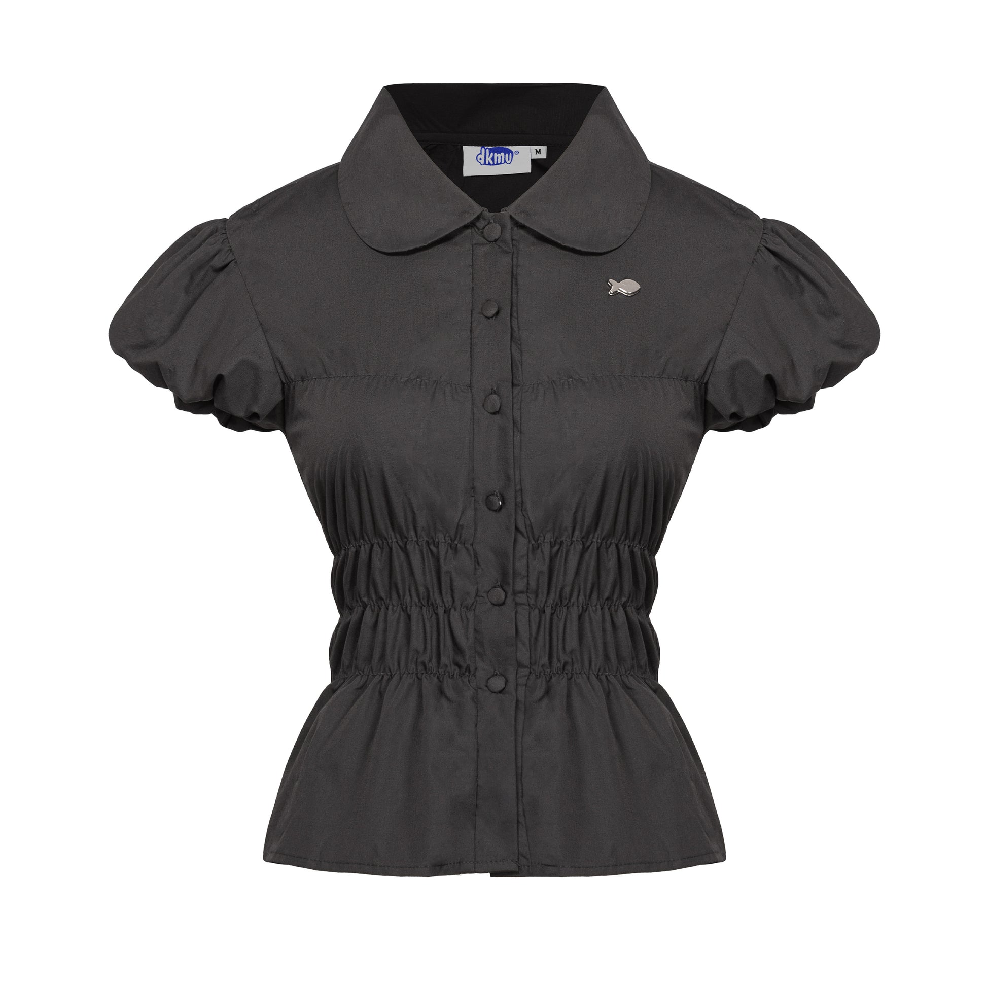 Black short-sleeve blouse with ruffled collar on a white background
