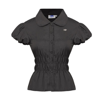 Black short-sleeve blouse with ruffled collar on a white background