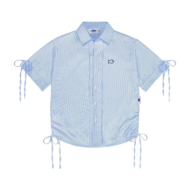 Blue striped shirt with fish emblem and tie sleeves on a white background