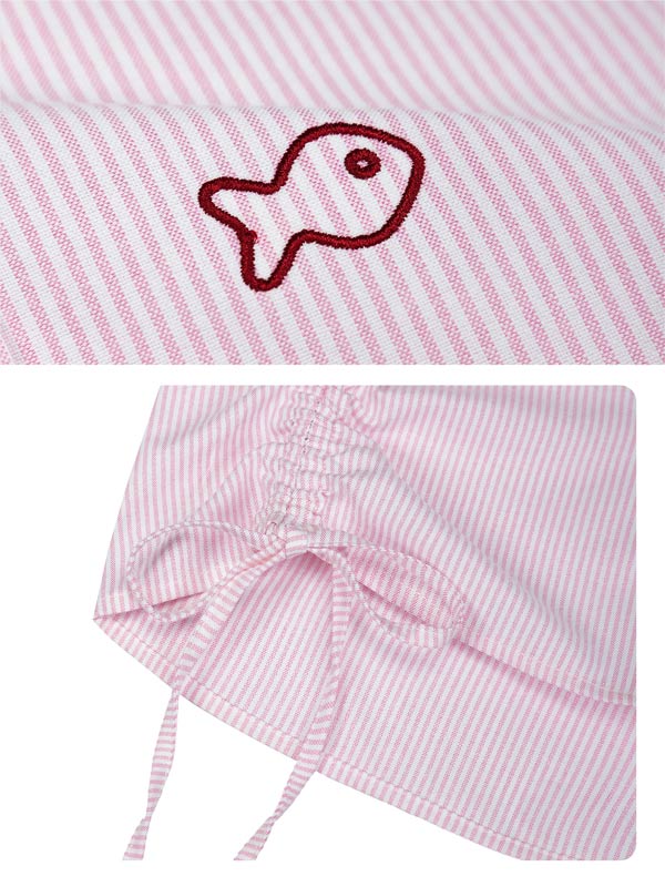 Pink and white striped baby outfit with fish design on a white background