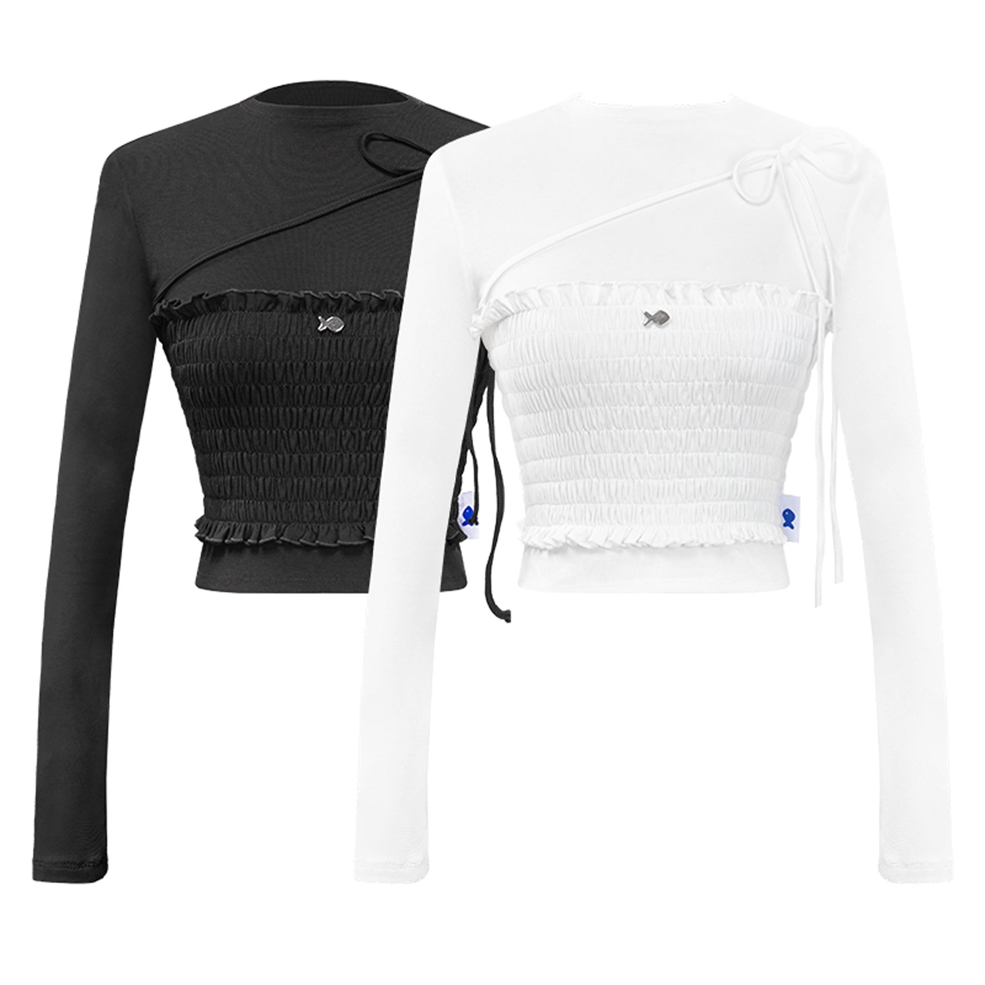 Black and white long-sleeve crop tops with smocked details on a white background