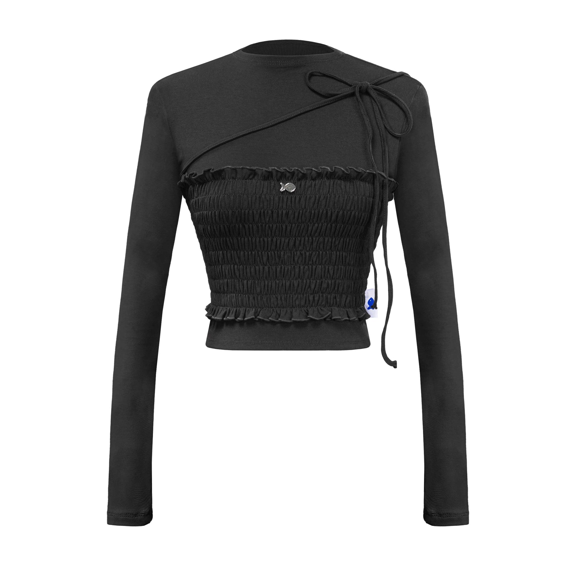 Black long-sleeve top with smocked waist and bow detail on a white background