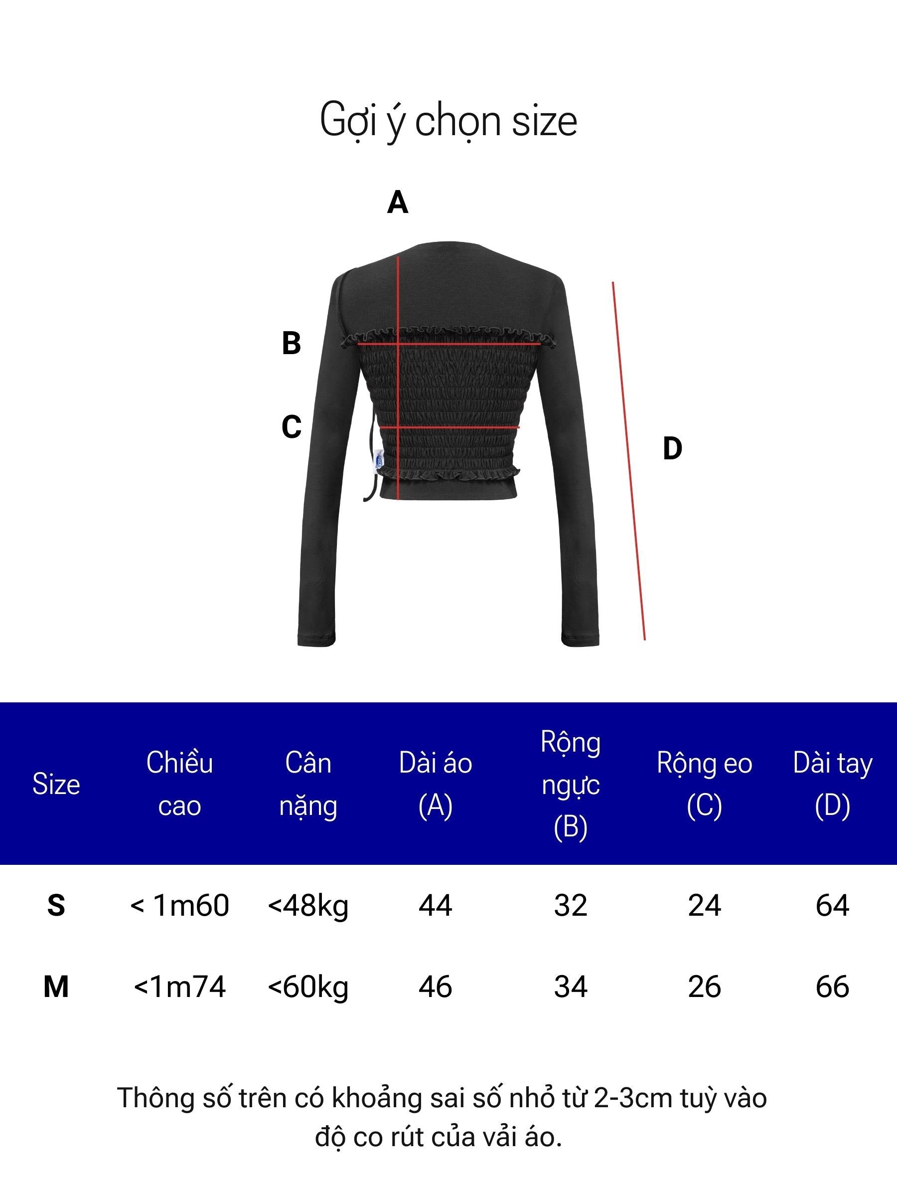 Measurement chart for a jacket with dimensions labeled A, B, C, and D, and size guide for children.