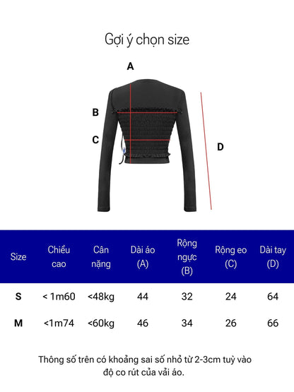 Measurement chart for a jacket with dimensions labeled A, B, C, and D, and size guide for children.