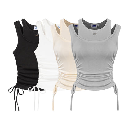 Three tank tops in black, white, and gray on a white background
