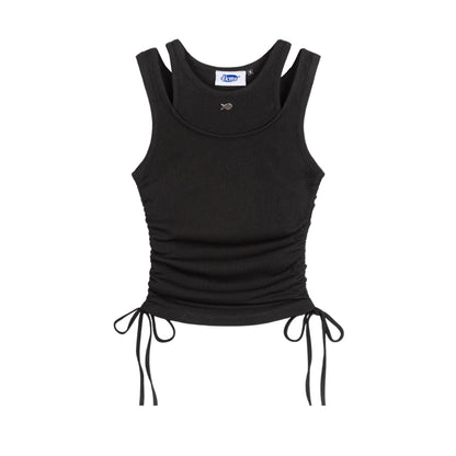 Black tank top with thin straps and tie details on a white background