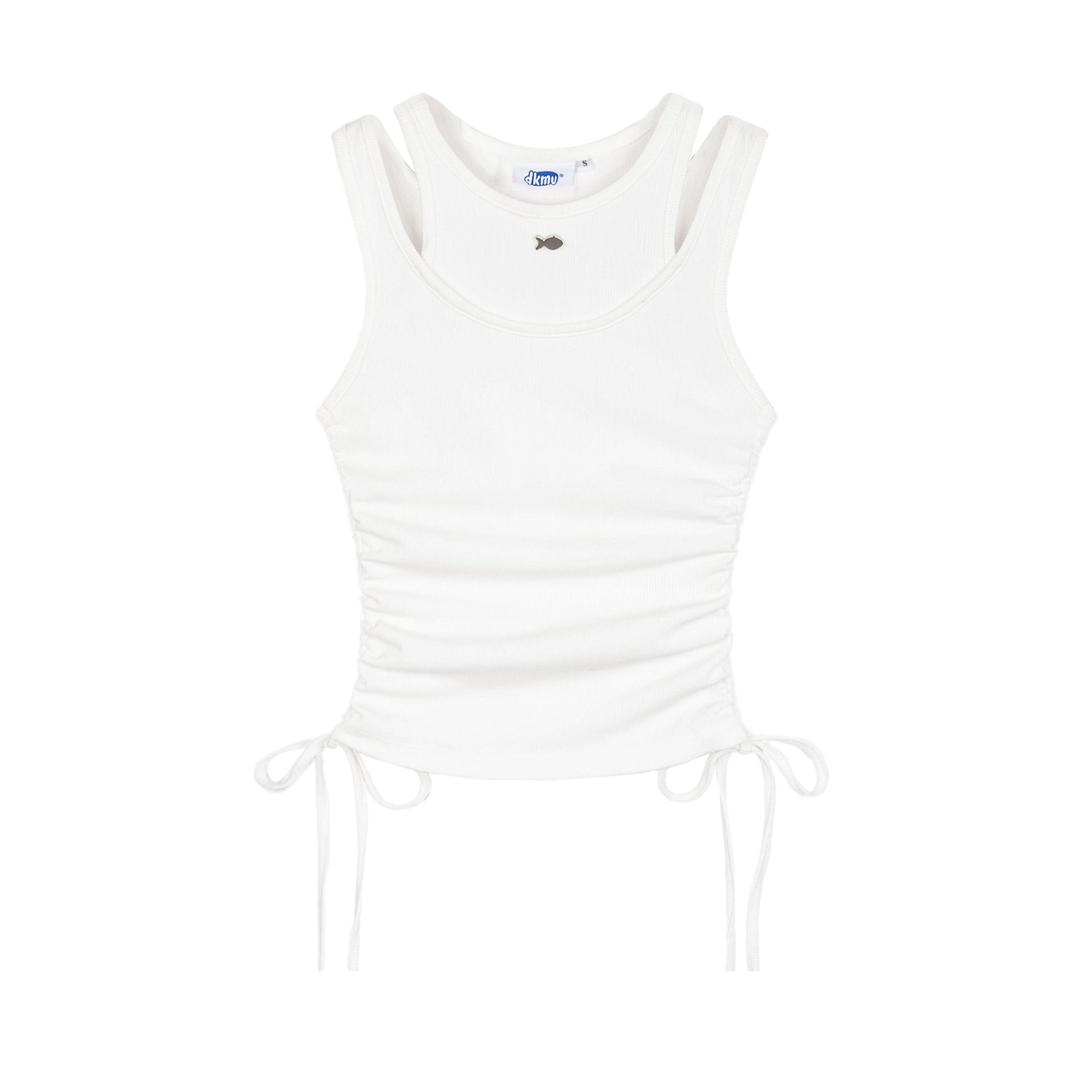 White tank top with drawstring sides on a white background