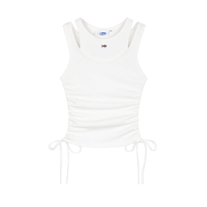 White tank top with drawstring sides on a white background