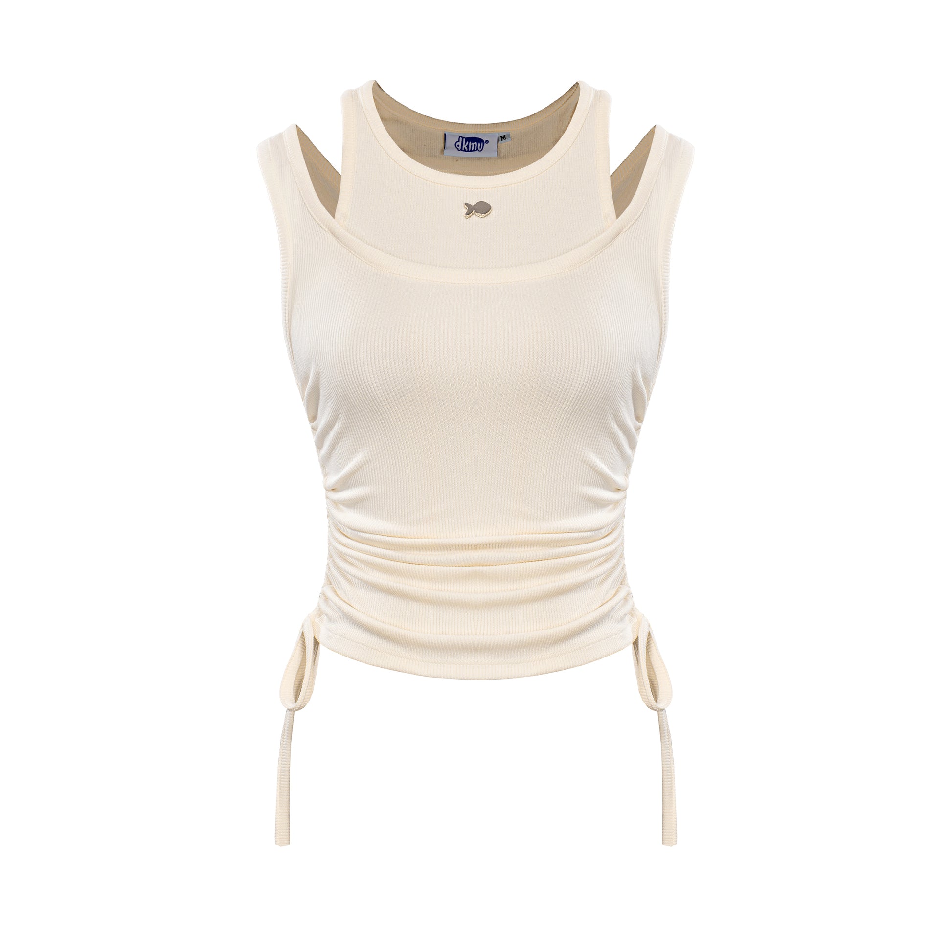 Beige tank top with drawstring sides on a white background
