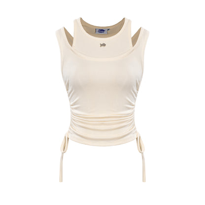 Beige tank top with drawstring sides on a white background