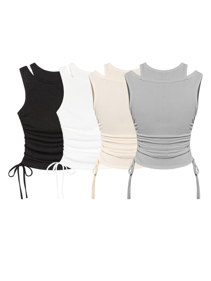 Four tank tops in black, white, beige, and gray on a white background