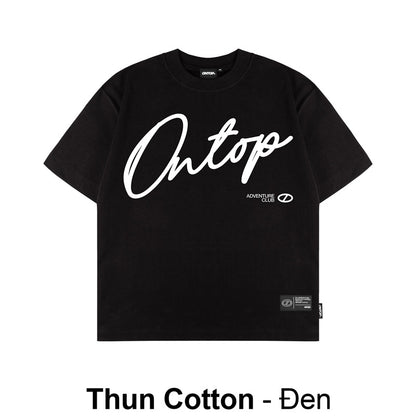 Black t-shirt with white text on a white background