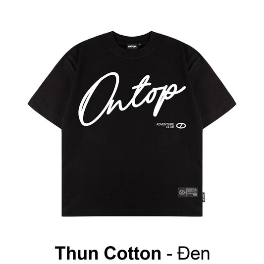Black t-shirt with white text on a white background