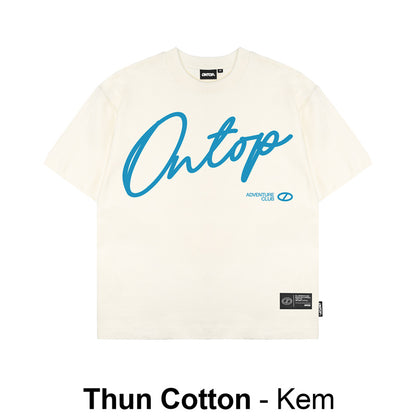 White t-shirt with blue text and branding on a white background