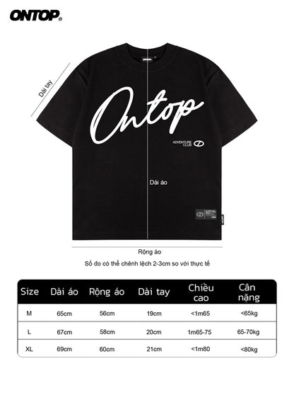 Black t-shirt with 'ONTOP' branding and size chart on a white background