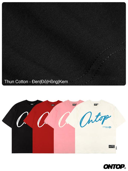 Black fabric swatch with text and four t-shirts in black, red, pink, and white with 'ONTOP' branding.