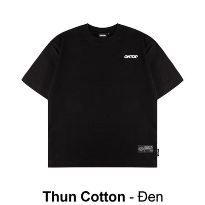 Black t-shirt with a brand logo on a white background