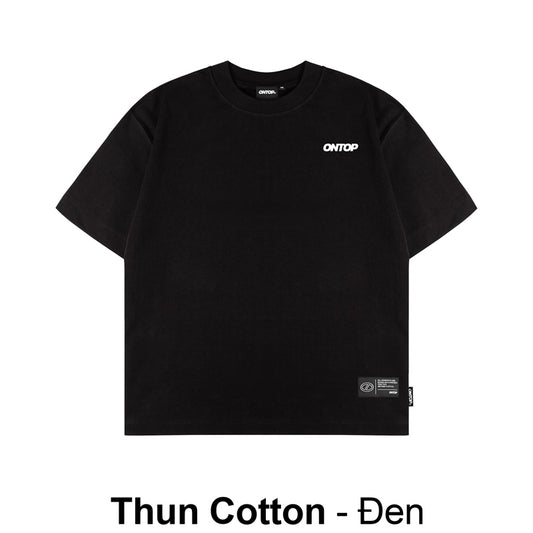 Black t-shirt with a brand logo on a white background