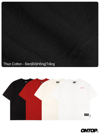 Black fabric swatch with text and three t-shirts in black, red, and white with 'ONTOP' branding.