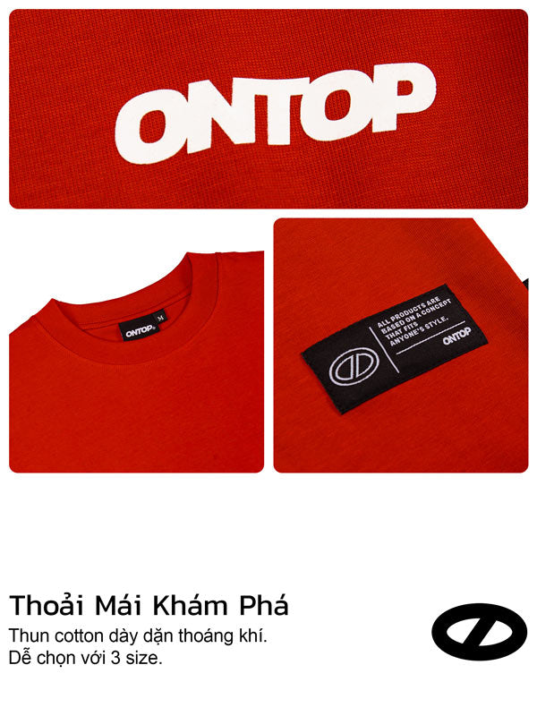 Red t-shirt with 'ONTOP' branding and tag, featuring text in a foreign language.