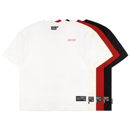White t-shirt with red and black stripes on a white background