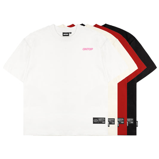 White t-shirt with red and black stripes on a white background